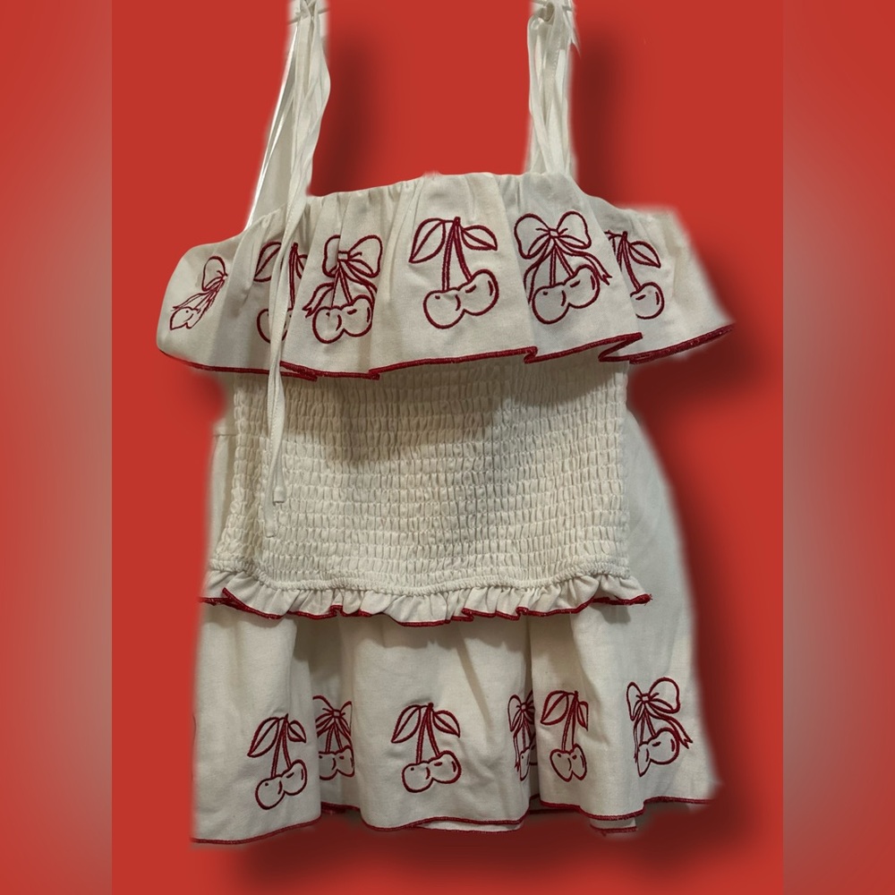 White and Red Cherry Embroidered short & top 2 piece set